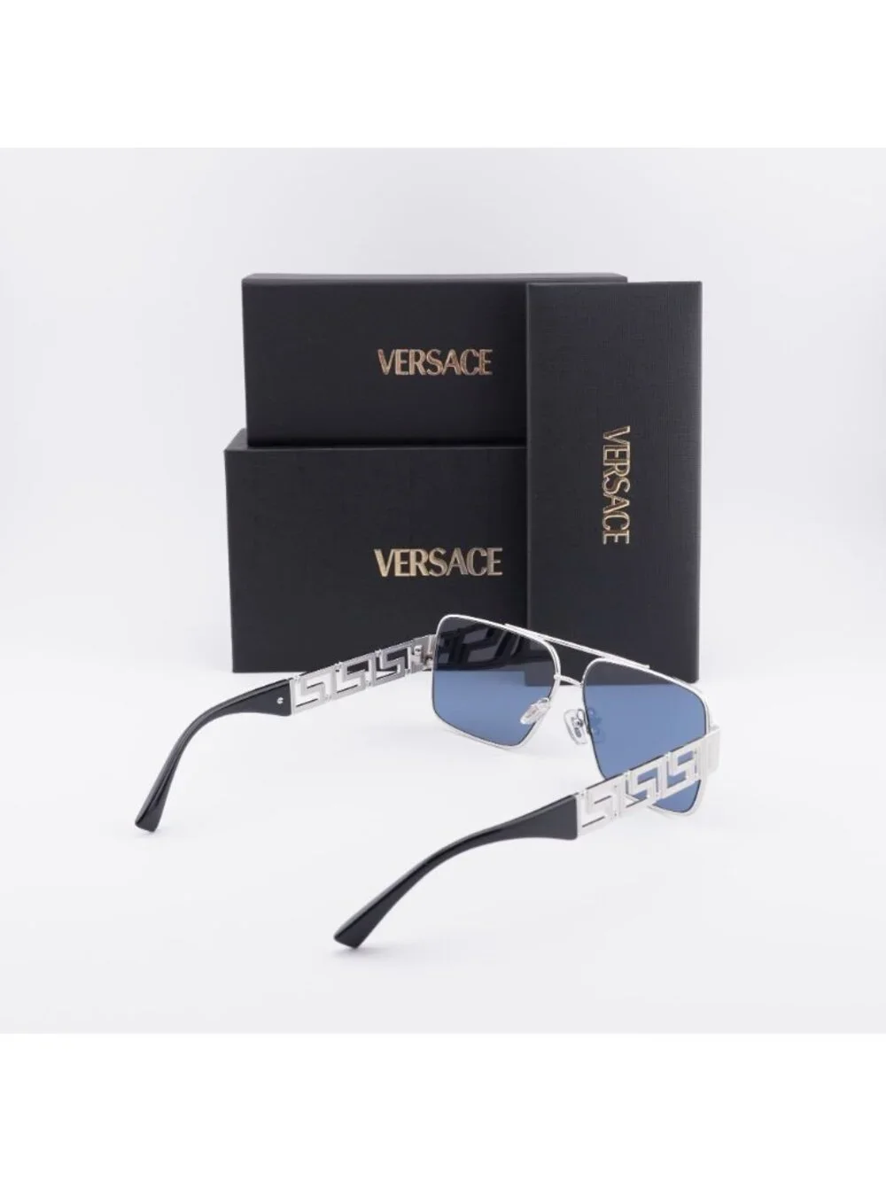 Versace VE2290 100180 Sunglasses Silver Rectangle Frame, Blue Lenses